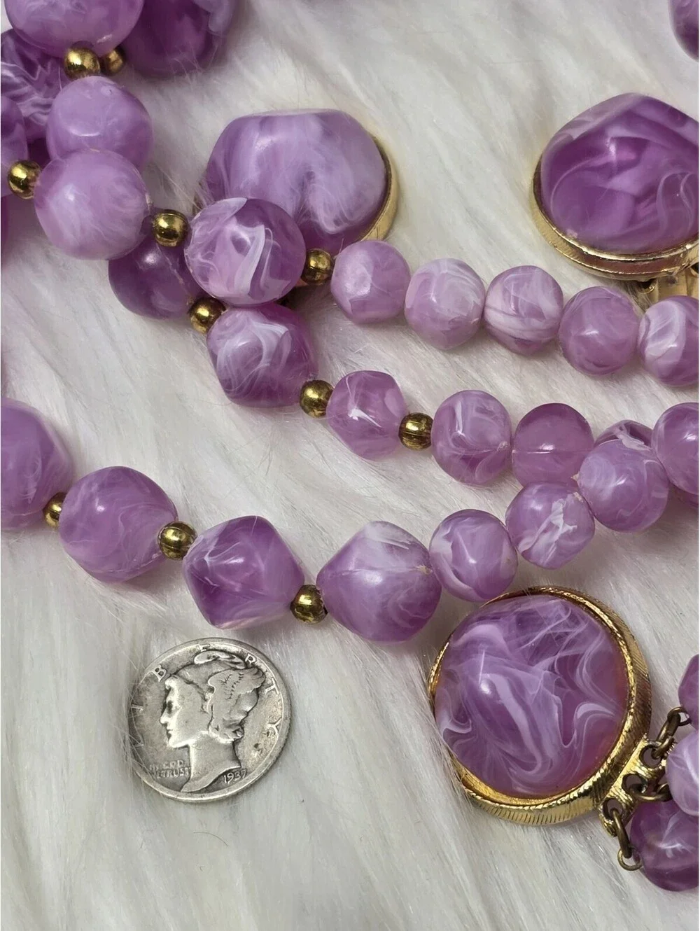 Vtg Kramer Signed Purple Marbled Lucite Bead Necklace Set